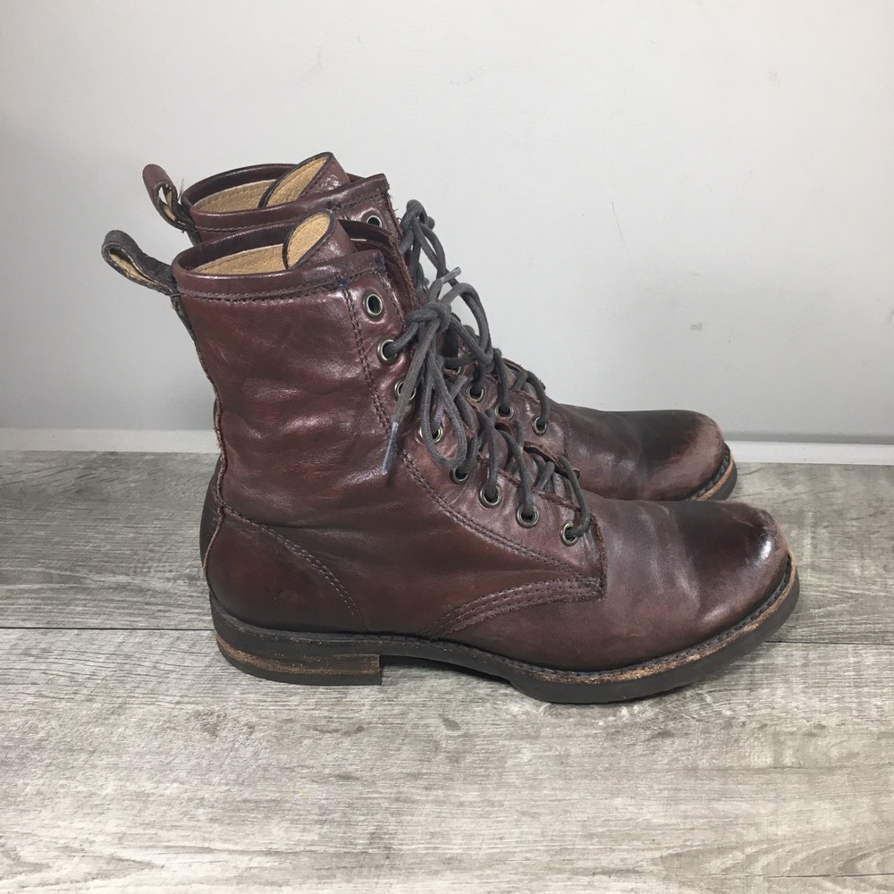 Women's Frye 76276 Veronica Combat Lace Up Brown Leather Moto Distressed Boots 7